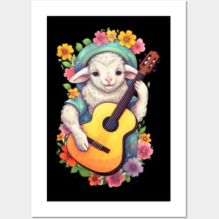 Sheep Playing Guitar Flower Posters and Art